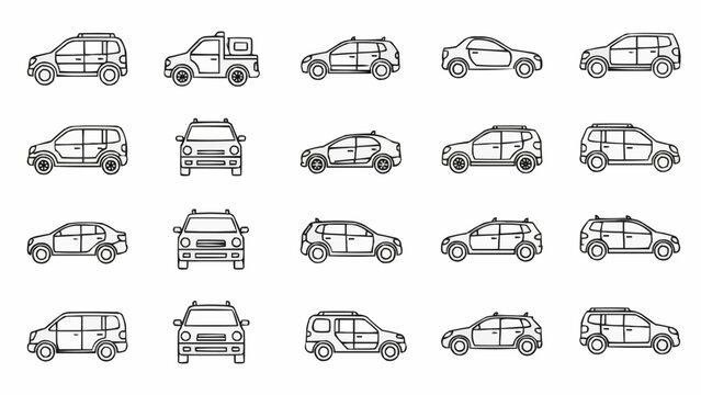 Collection of various car models and vehicle types in outline style.