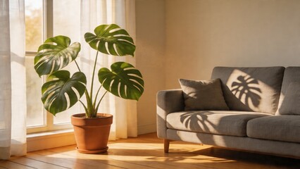 Fototapeta premium A stylish and serene living room with a large potted plant and a gray couch in natural light, creating a cozy and inviting atmosphere.