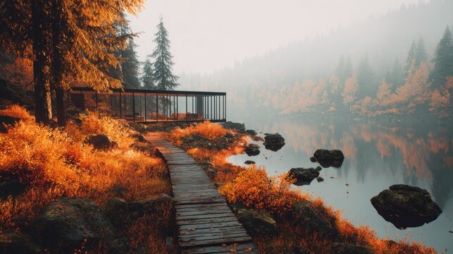 Modern glass residence nestles beside a tranquil lake amidst dense autumn foliage.