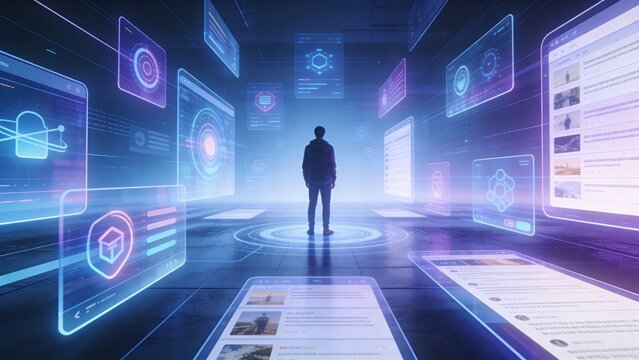 Person surrounded by dynamic personalized content and ui elements in a futuristic virtual reality environment with glowing screens