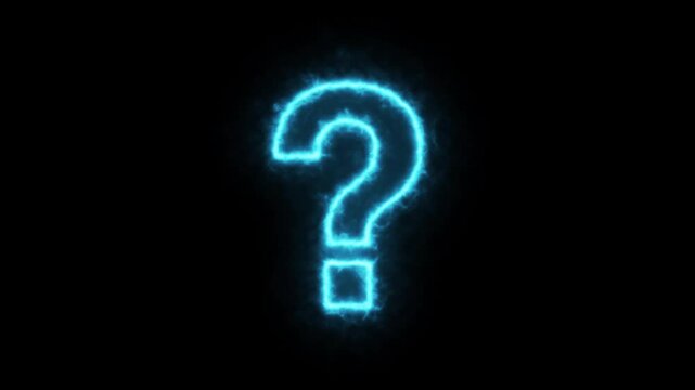 Glowing blue neon question mark icon with energy smoke effect on black background