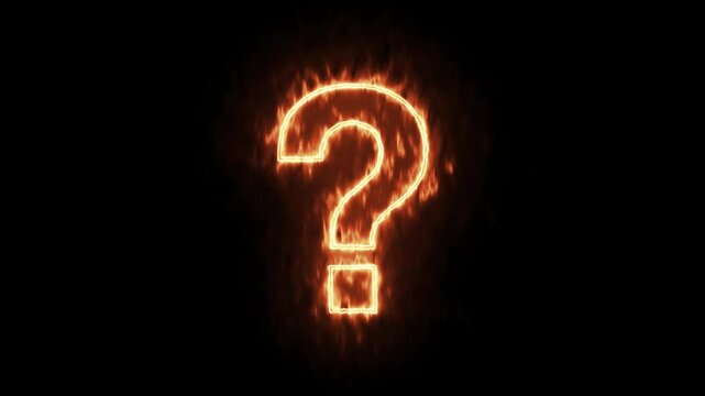 Fiery burning question mark icon with orange fire flames and smoke on black background