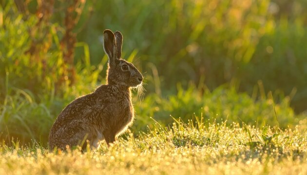 A Wild Rabbit Sits in a Sunlit Meadow at Dawn.