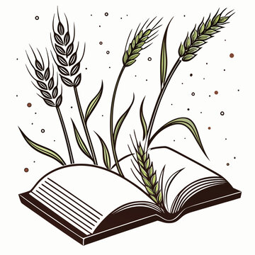 Open book with wheat and leaves brown background dots