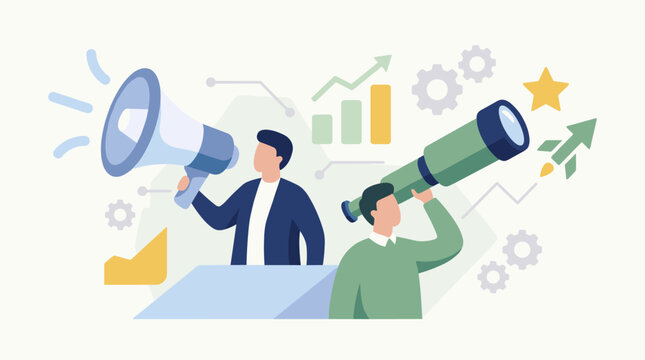 Two Business People With Megaphones Communicating Boldly.