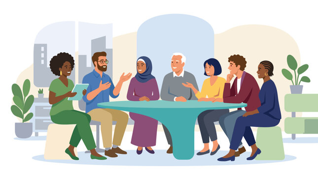 Diverse group of people seated around a roundtable discussion.
