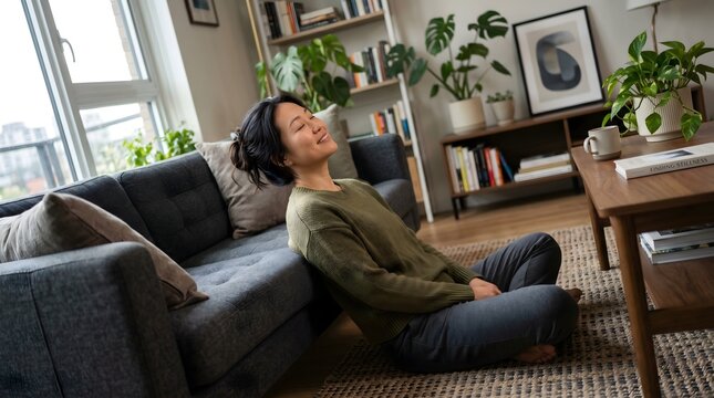 Woman sitting on floor leaning against sofa eyes closed