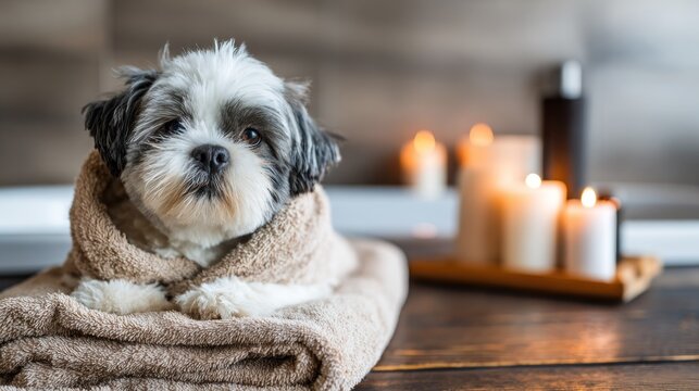 Small companion animal resting comfortably wrapped in a soft absorbent material beside glowing illumination sources