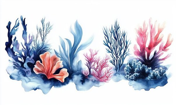 watercolor underwater coral garden with blue kelp, pink and coral sea fans, delicate seaweed and rocky coral mounds, evoking a tranquil serene mood