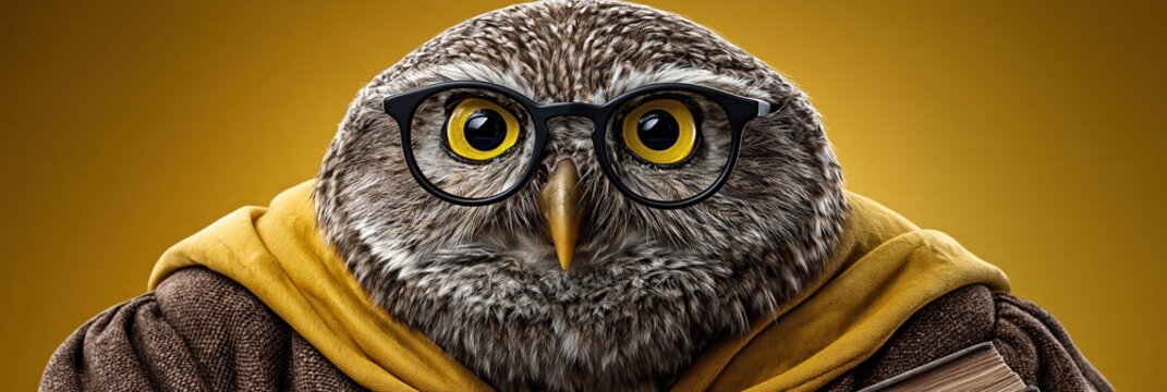Owl Mascot in Yellow Jacket with Glasses