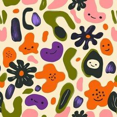 Fototapeta premium playful pattern of colorful abstract blobs, smiling faces, doodle flowers and avocado shapes on a cream background, cheerful whimsical mood
