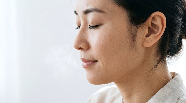 Woman in profile exhaling with eyes closed