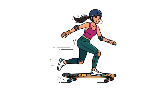Teen girl wearing protective gear rides skateboard quickly on pavement outdoors