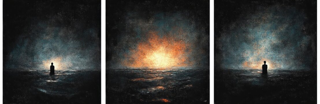 Triptych of a lone silhouetted figure standing in dark, textured sea facing a distant glowing horizon; moody stormy waters and quiet solitude