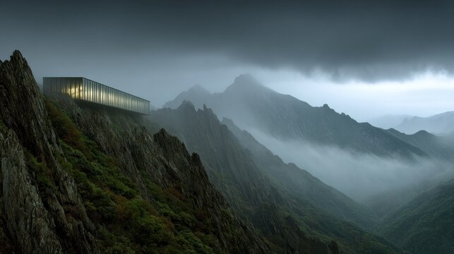 Modern minimalist structure overhangs rugged mountain slope amidst atmospheric fog