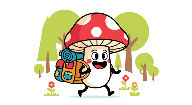 A cartoon mushroom character carrying a backpack