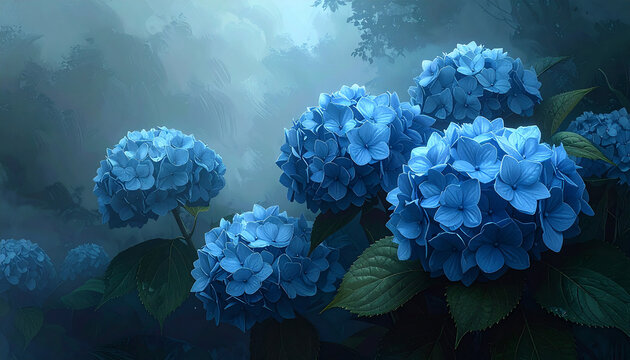 Shadowy Hydrangeas- Muted blue hydrangeas seen through a heavy  dark mist