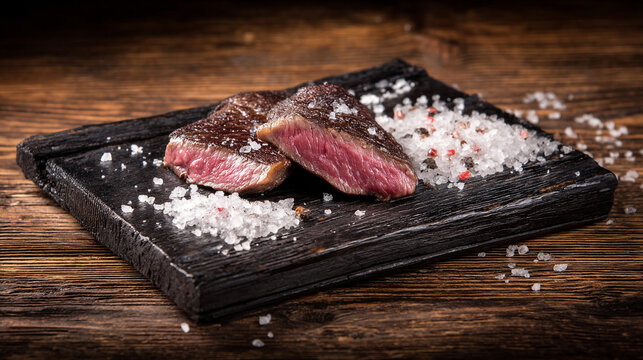 Two slices of rare beef steak with coarse salt on a black stone slab, medium rare