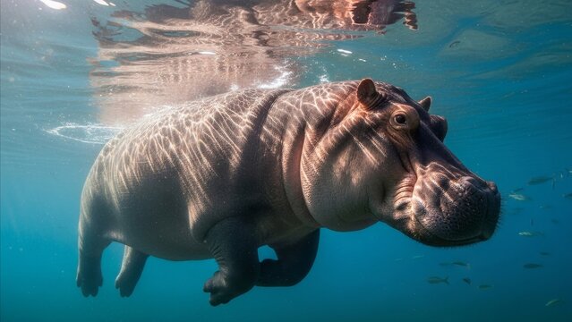 Animal - Hippopotamus Swimming Underwater in Clear Blue Water with Light Rays and Fish in Background
