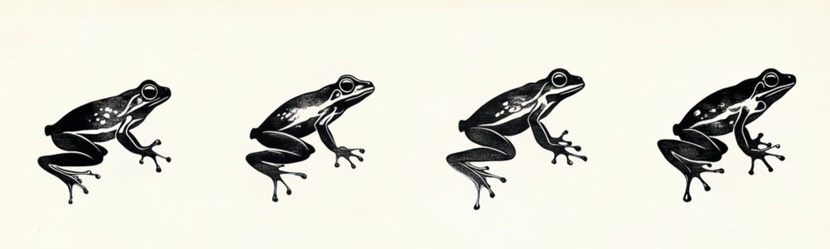 four black stylized frogs in a row on a pale cream background conveying playful rhythmic motion