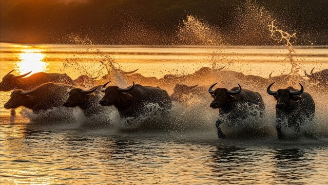 Animal - Herd of Water Buffalo Running Through River at Golden Sunset Creating Dramatic Water Splashes