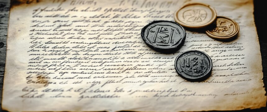 aged handwritten parchment with inked cursive script topped by antique metal seals and gold coins, evoking nostalgia and quiet mystery