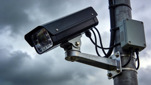 Black security camera mounted on pole with weatherproof enclosure and visible IR LEDs for surveillance