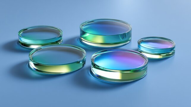Multiple iridescent glass optical components rest upon a light blue surface