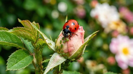 Naklejka premium Ladybug feeding on rose bud covered with aphids