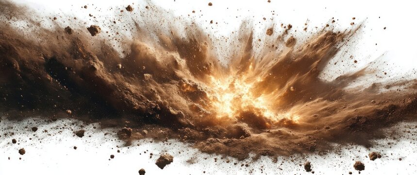 dramatic soil and dust explosion with flying rocks and fiery glowing center, powerful burst of energy and motion against a white background