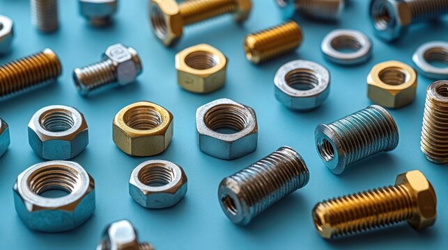 close-up of assorted metal nuts, hex bolts and threaded inserts in silver and gold tones on a blue surface conveying precision and industrial order
