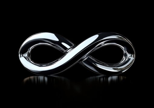 polished chrome infinity loop resting on a black reflective surface, sleek modern metallic sculpture conveying timeless elegance and futuristic calm