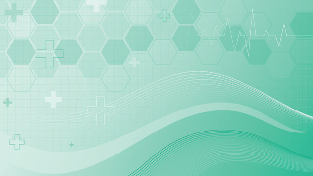 Teal medical abstract background with hexagon grid waveform and healthcare symbols design