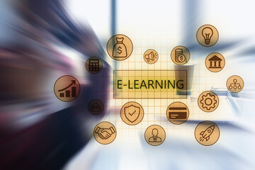 E-learning symbols and graphics surround central text in a modern classroom setting highlighting...