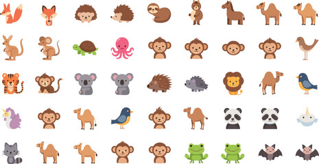 Obraz premium Cute Cartoon Animal Icons Collection Featuring Fox Hedgehog Sloth Camel Monkey Koala Panda Frog and More in Simple Flat Vector Illustration Set.