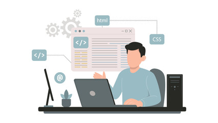 Fototapeta premium Web development coding illustration programmer workspace html css software design art