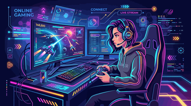 A young gamer wearing a headset sits in a chair playing video games on a computer with multiple screens in a dark room.