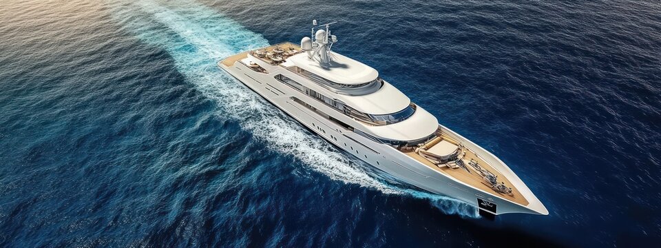 aerial view of a luxurious white motor yacht with multiple sunlit decks, lounge areas and radar masts cutting through deep blue sea with a foamy trailing wake, serene and elegant