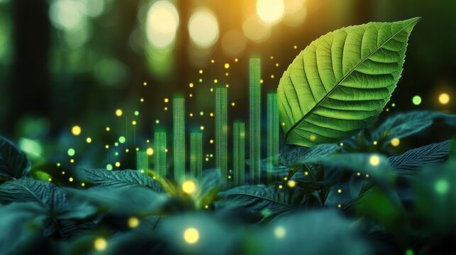 vibrant green leaf above forest floor with glowing firefly lights and holographic green bar graph rising, serene hopeful fusion of nature and technology