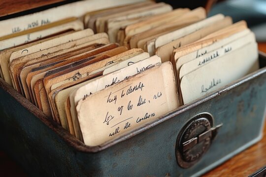 rustic metal card box filled with aged handwritten index cards evoking nostalgic warmth