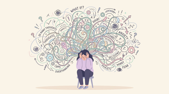 A woman sits on a chair overwhelmed by swirling thoughts and emotions.