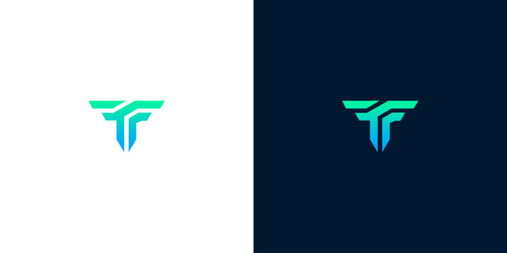 Dynamic and futuristic letter T or F monogram logo in refreshing teal and blue hues, embodying strength, progress, and cutting-edge design for contemporary brands