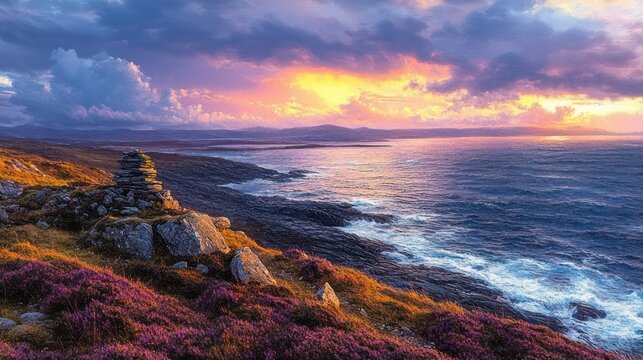 cairn on a heather-covered rocky coastline overlooking foamy ocean waves under a dramatic golden and purple sunset sky, evoking serene awe