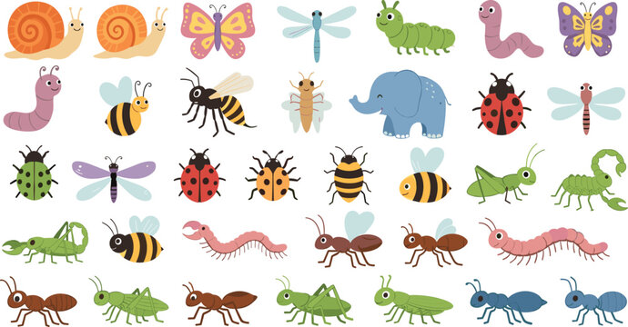 Cute Cartoon Insects and Bugs Collection Featuring Butterfly Bee Ant Caterpillar Ladybug Dragonfly Grasshopper Snail and Worm in Colorful Vector Illustration.