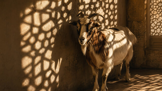 A domestic goat stands in a sunlit room, casting intricate geometric shadows on the wall.