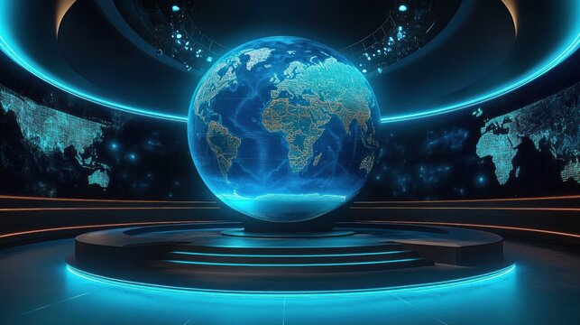 Glowing holographic Earth globe hovering above an illuminated circular platform with steps, surrounded by curved digital world-map screens and blue neon lights in a futuristic studio, evoking wonder