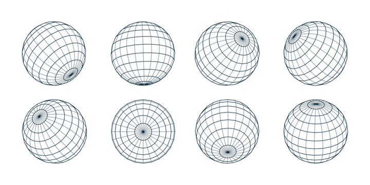 3d spheres globe. Linear globe grid in different angles.
