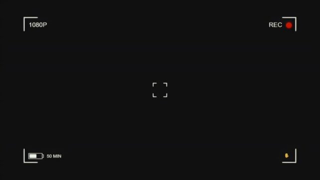 Cinematic digital camera viewfinder interface with recording indicator and battery status for video production