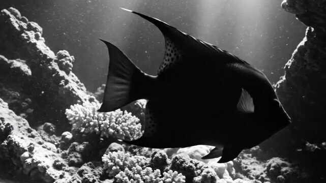 Black and white underwater ocean scene with a swimming angelfish in a coral reef with light rays and particles