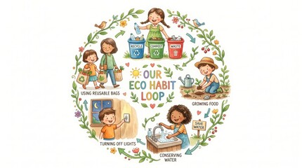 Naklejka premium Kids practice recycling, planting, water/energy saving, and reusable bags